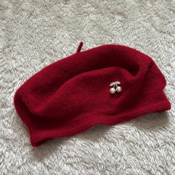 Cute Red Wool Beret with Cherry Rhinestone Pin Chic Fall Winter - Picture 2 of 7